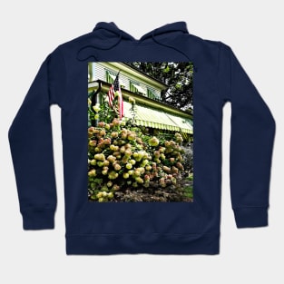 Belvidere NJ - White Hydrangeas and Green Striped Awning Hoodie